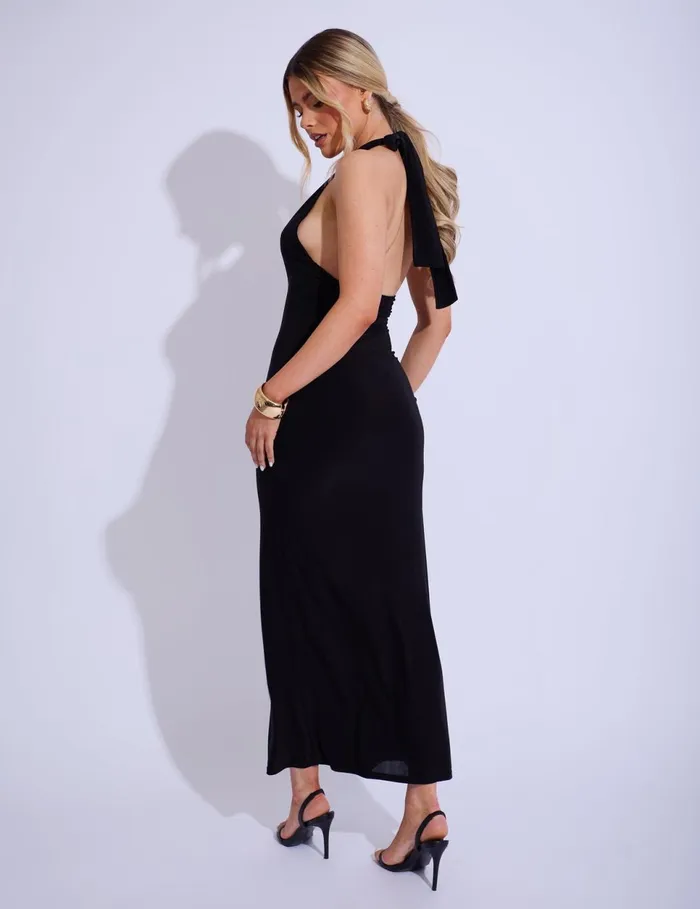 Women Gold Trim Super Plunge Maxi Dress Black Black Public Desire Festival