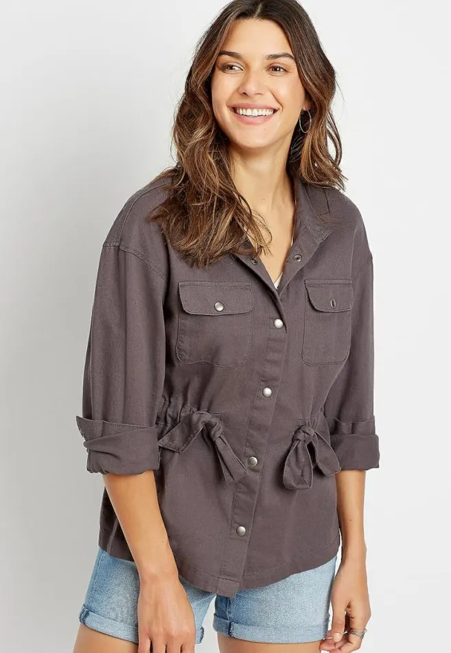 Women Gray Cinch Waist Jacket Maurices Tops