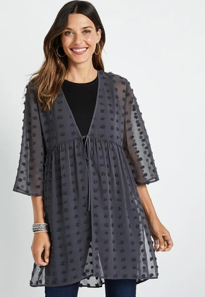 Women Gray Clip Dot Tie Front Kimono Maurices Tops