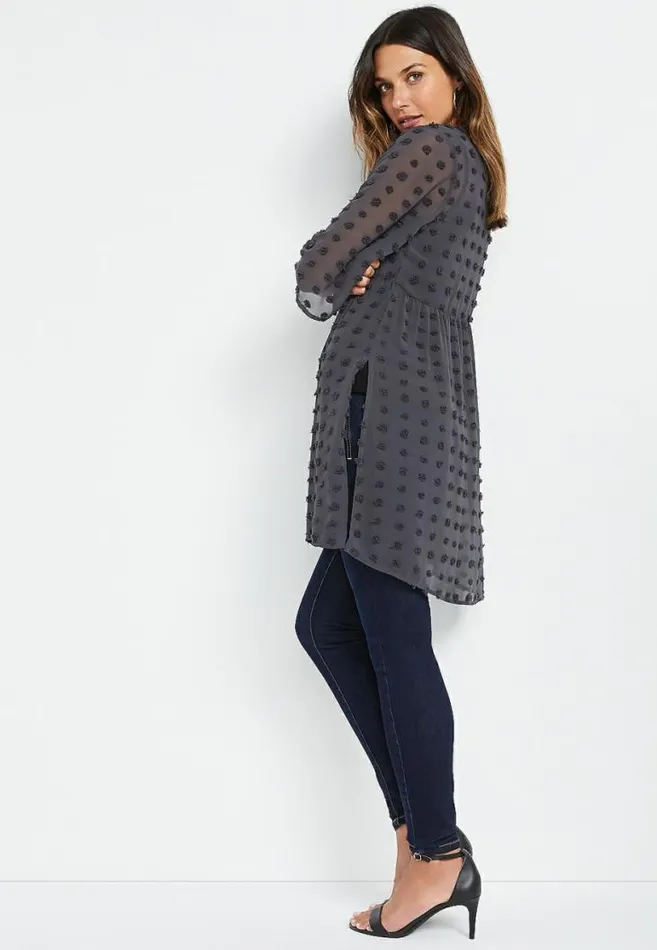 Women Gray Clip Dot Tie Front Kimono Maurices Tops