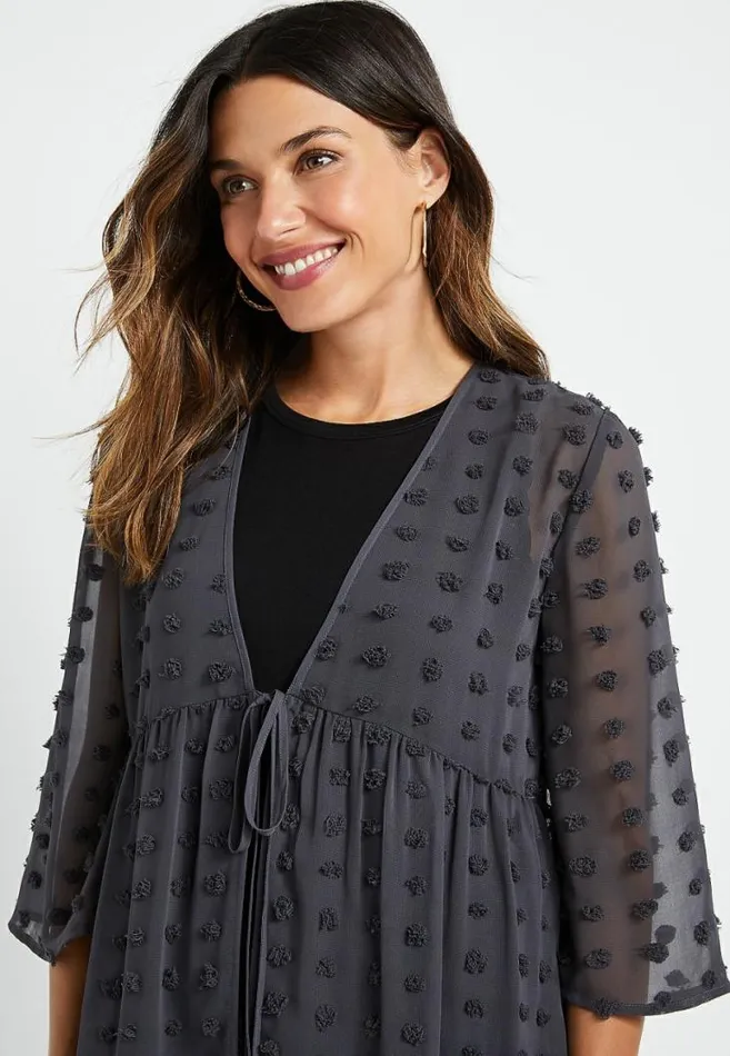 Women Gray Clip Dot Tie Front Kimono Maurices Tops