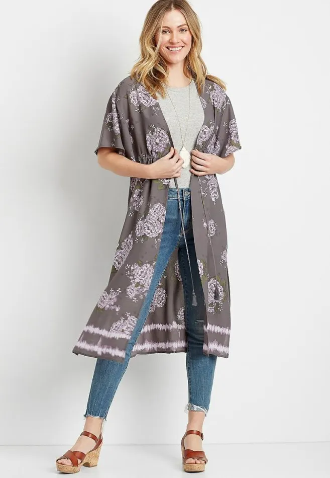 Women Gray Floral Duster Kimono Maurices Tops