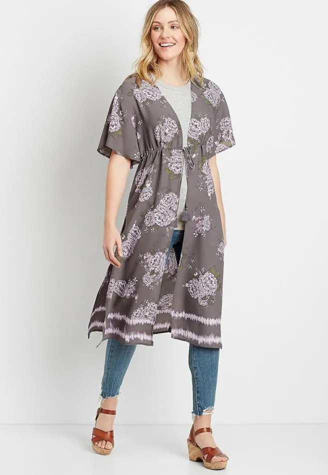 Women Gray Floral Duster Kimono Maurices Tops