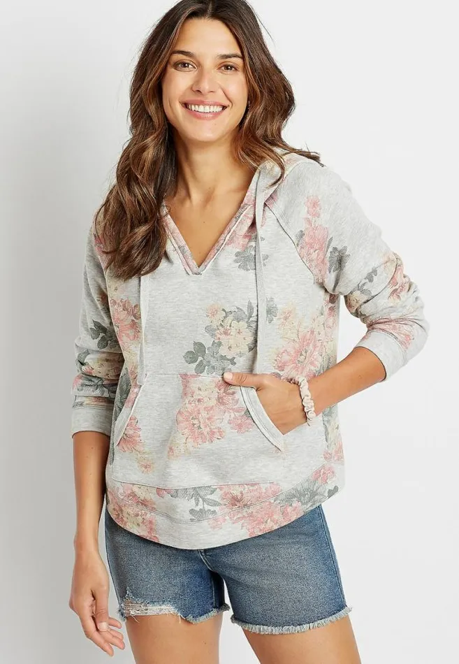 Women Gray Floral Pullover Hoodie Maurices Tops