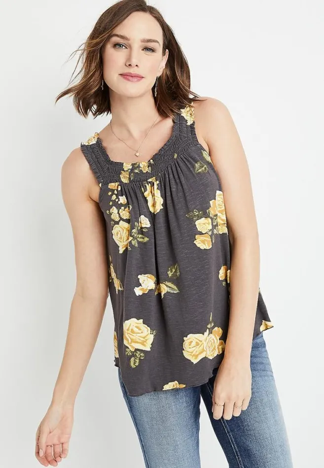 Women Gray Floral Square Smocked Neck Tank Top Maurices Tops