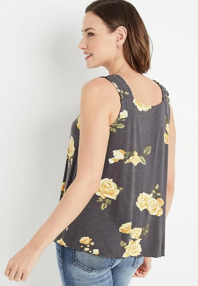 Women Gray Floral Square Smocked Neck Tank Top Maurices Tops