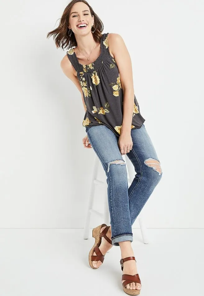 Women Gray Floral Square Smocked Neck Tank Top Maurices Tops