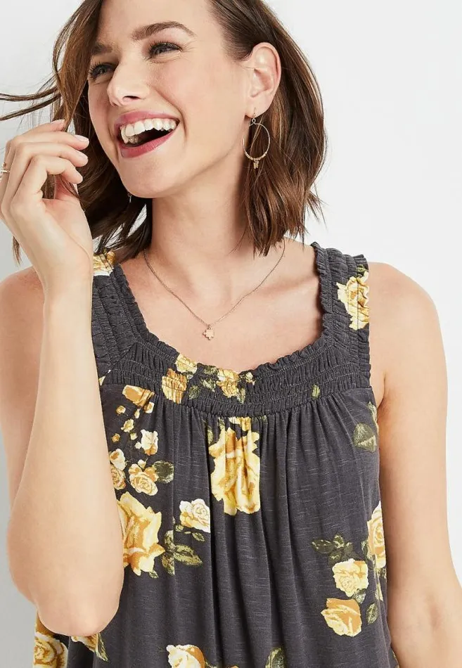 Women Gray Floral Square Smocked Neck Tank Top Maurices Tops