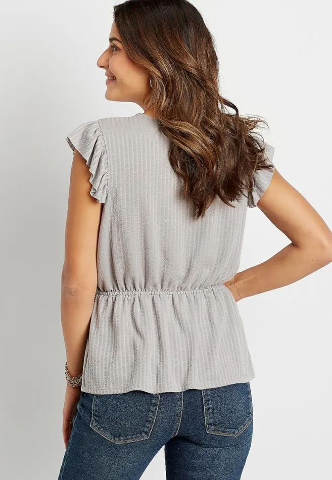 Women Gray Flutter Sleeve Ribbed Peplum Top Maurices Tops