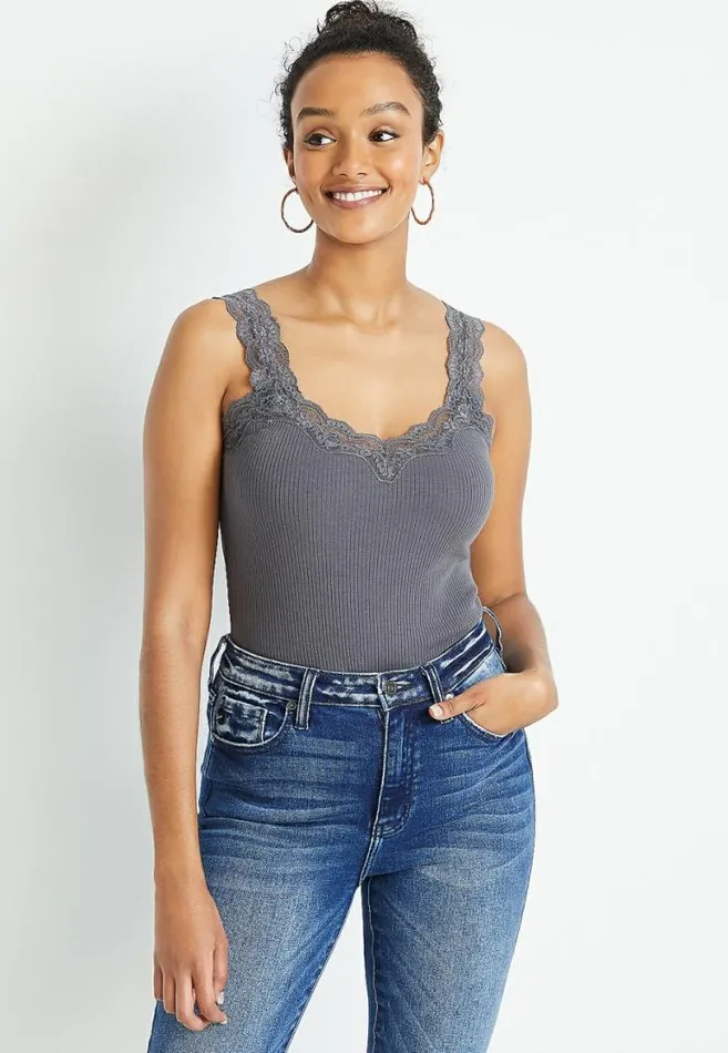 Women Gray Lace Trim Ribbed Tank Top Maurices Tops