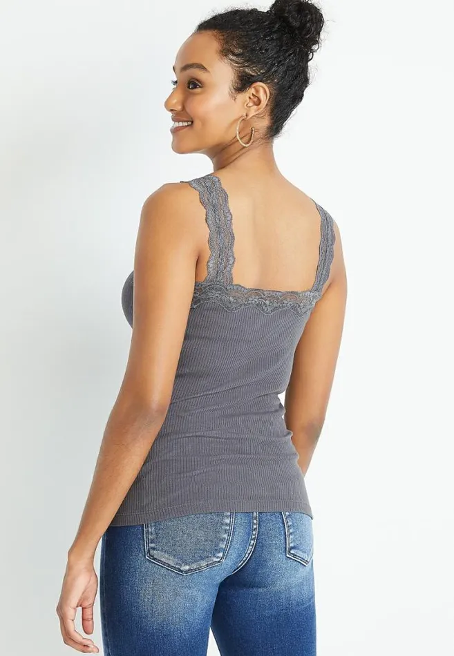Women Gray Lace Trim Ribbed Tank Top Maurices Tops