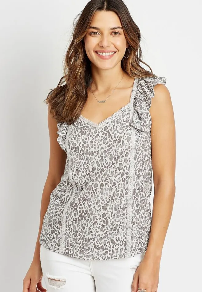 Women Gray Leopard Flutter Sleeve Tank Top Maurices Tops