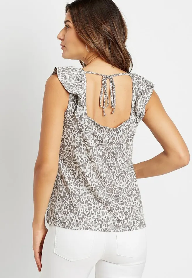 Women Gray Leopard Flutter Sleeve Tank Top Maurices Tops
