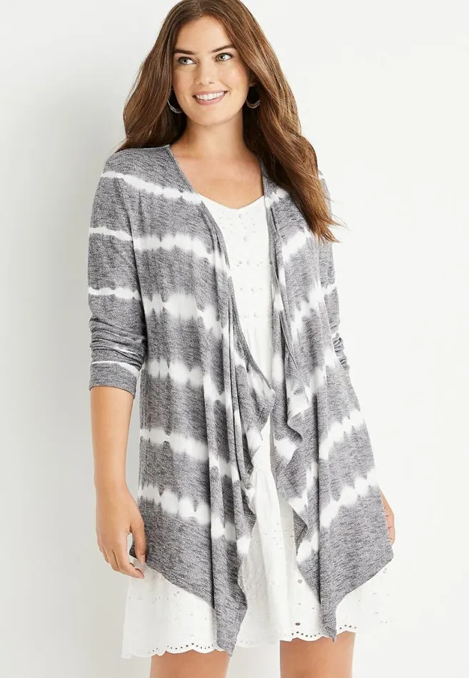 Women Gray Tie Dye Striped Cardigan Maurices Tops