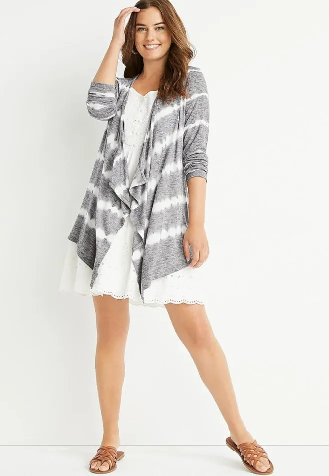Women Gray Tie Dye Striped Cardigan Maurices Tops