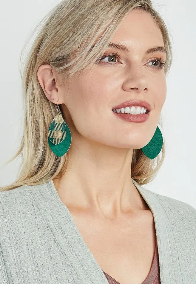 Women Green And Gold Plaid Teardrop Earrings Maurices Jewelry