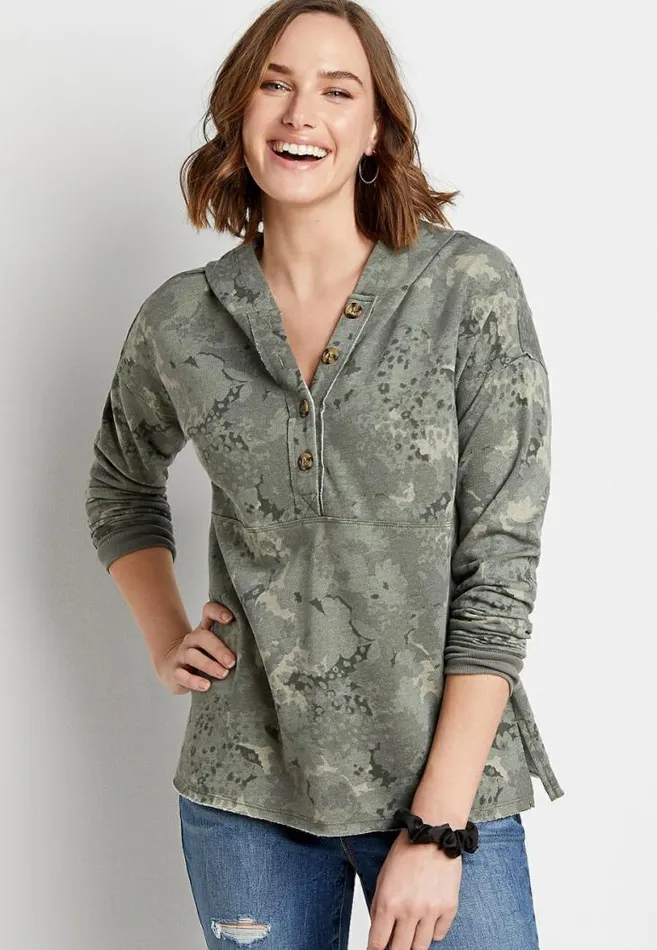 Women Green Camo Floral Button Front Hoodie Maurices Tops