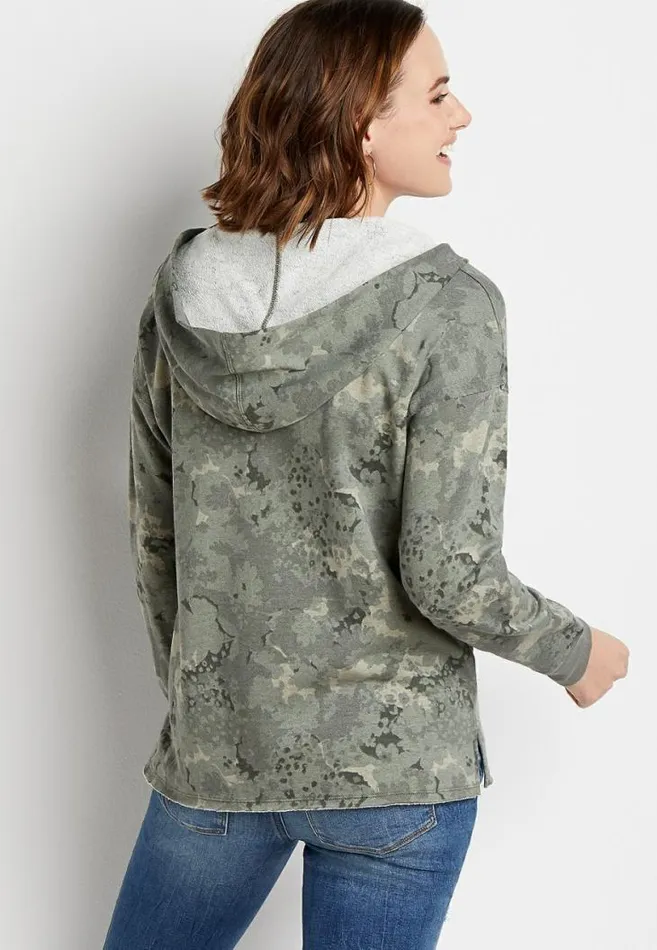 Women Green Camo Floral Button Front Hoodie Maurices Tops