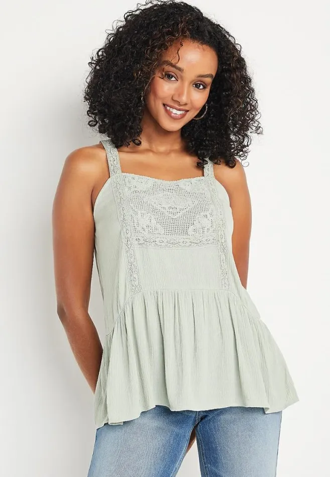 Women Green Crochet Square Neck Babydoll Tank Top Maurices Tops