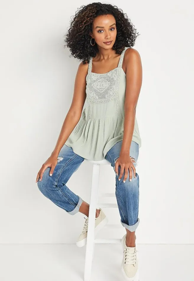 Women Green Crochet Square Neck Babydoll Tank Top Maurices Tops