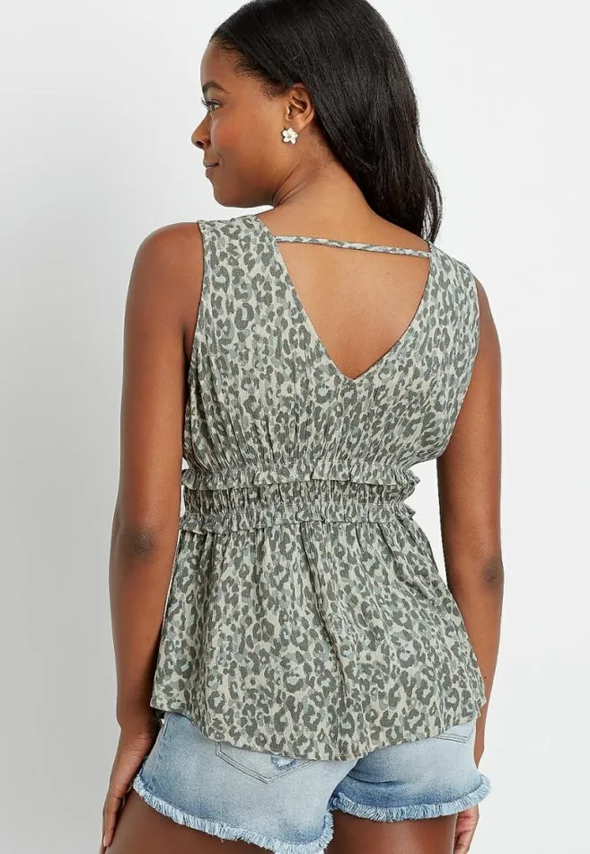Women Green Leopard Ruffle Waist Tank Top Maurices Tops