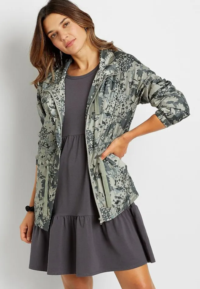 Women Green Mix Cinch Waist Windbreaker Maurices Tops