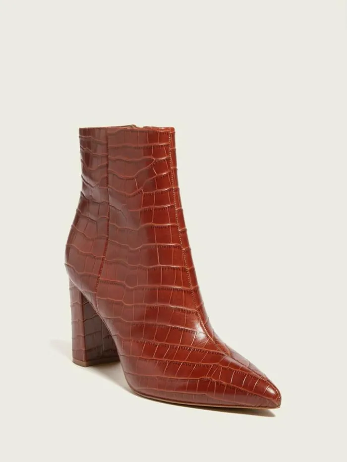 Women GUESS Boots and Booties Ulea Croc Leather Bootie Chestnut Brown