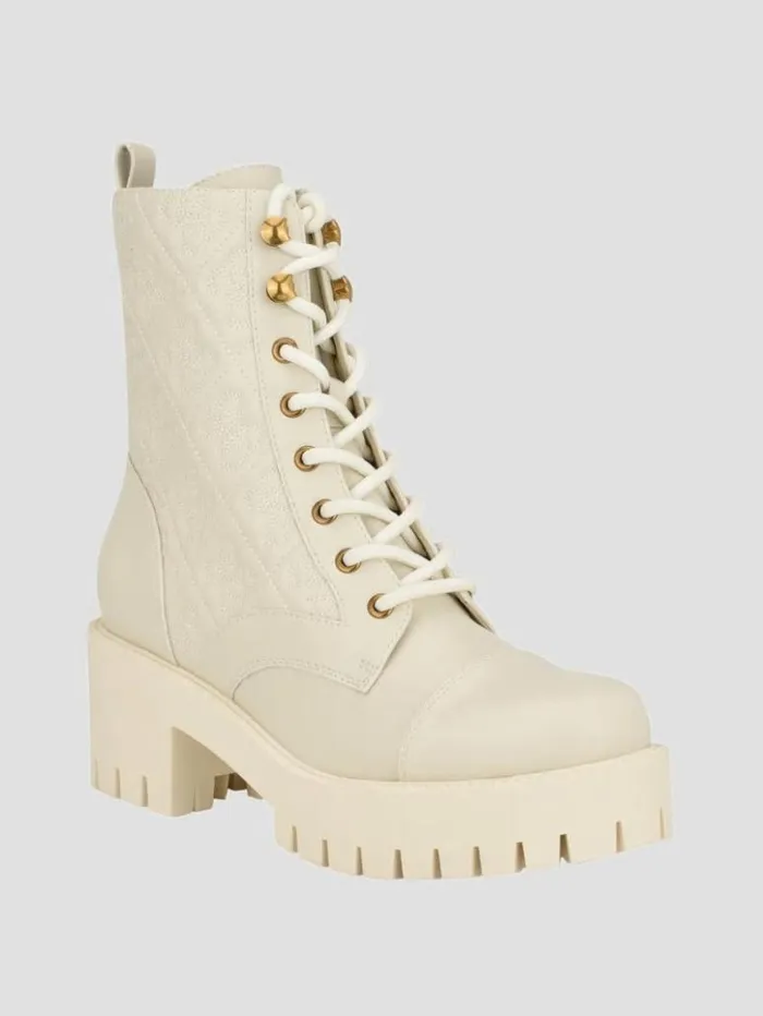 Women GUESS Boots and Booties Waite Embossed LaceUp Moto Boots Ivory 150