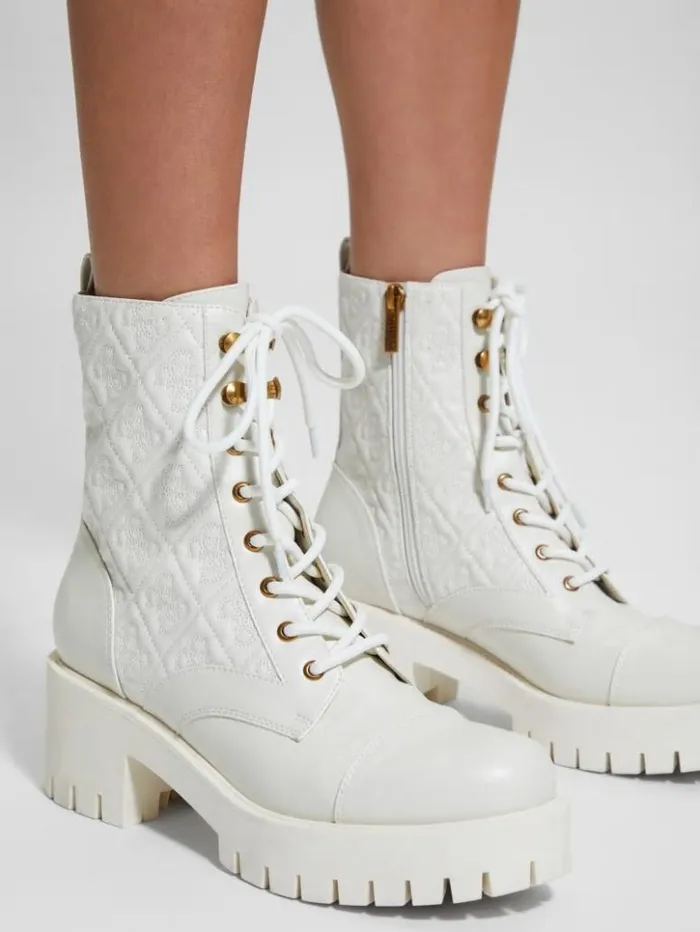 Women GUESS Boots and Booties Waite Embossed LaceUp Moto Boots Ivory 150