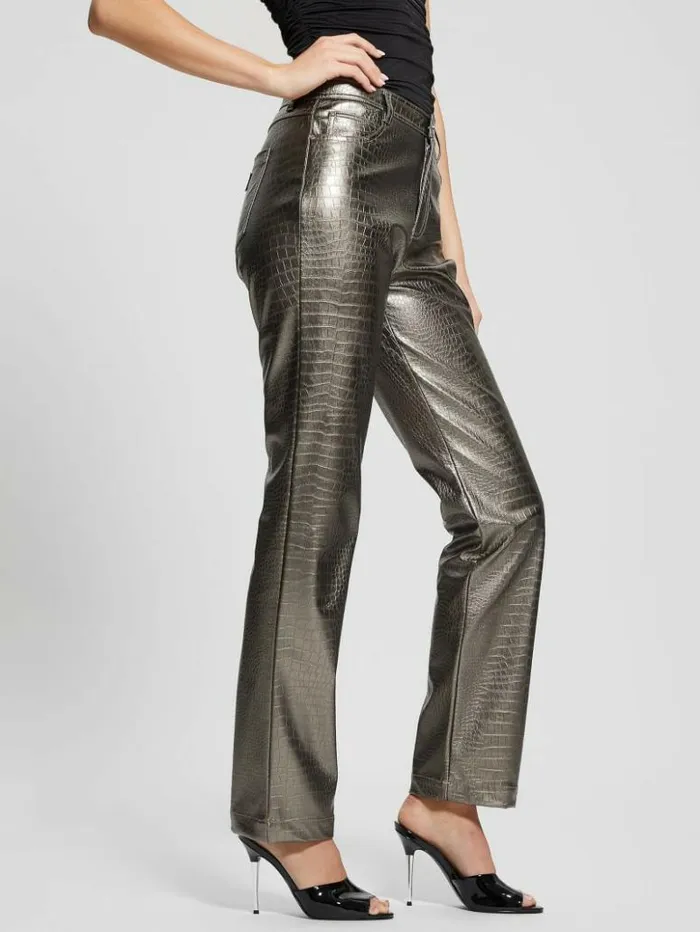 Women GUESS Bottoms Ambra Metallic FauxLeather Pants Antique Metal