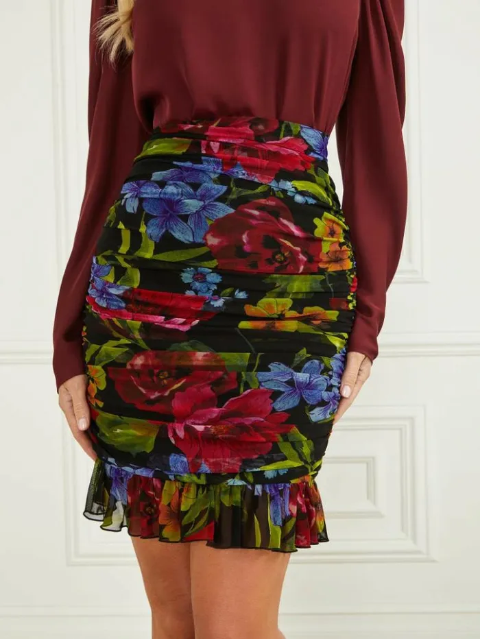 Women GUESS Bottoms Boldly Blooming Gathered Skirt Boldly Blooming Print