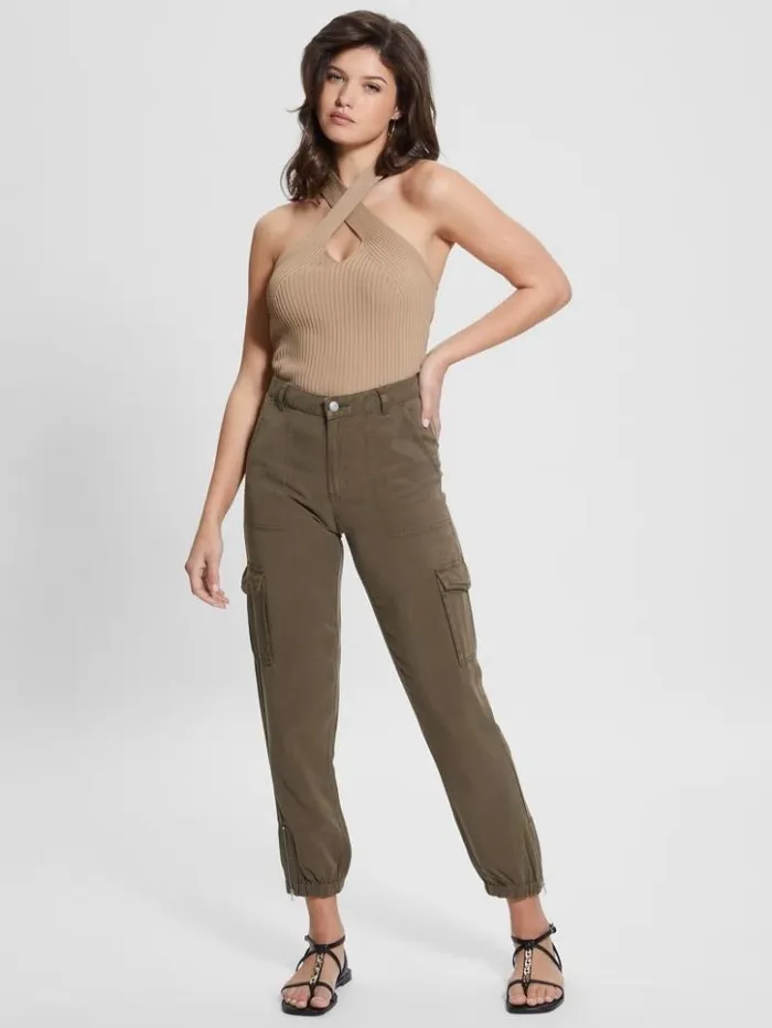 Women GUESS Bottoms Bowie Chino Cargo Pants Asphalt Green Multi