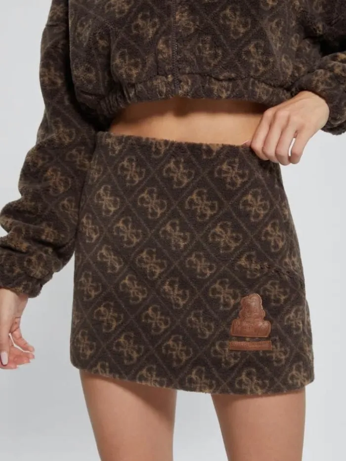 Women GUESS Bottoms Bunny Patch Sherpa Fleece Mini Skirt 4g Macro Dark Brown
