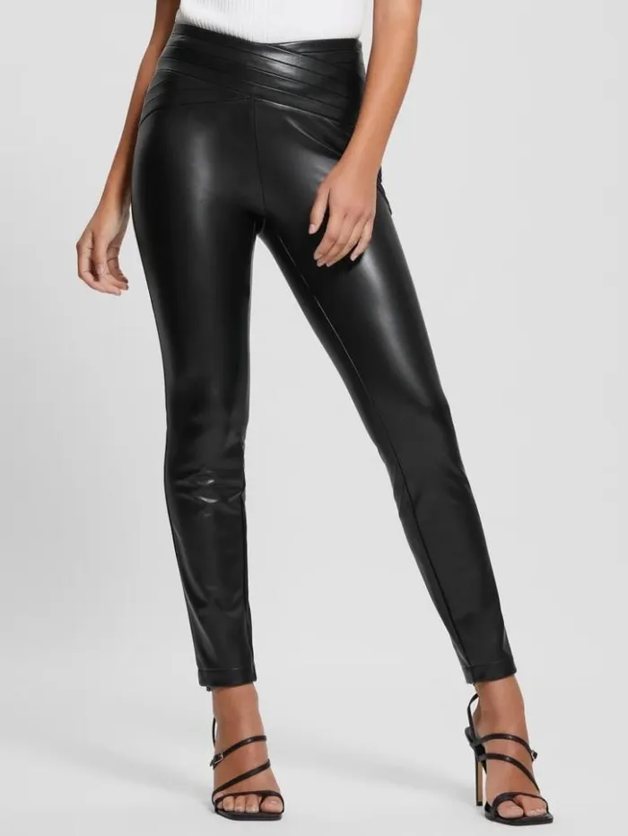Women GUESS Bottoms Dana FauxLeather Pleated Waist Pants Jet Black Multi