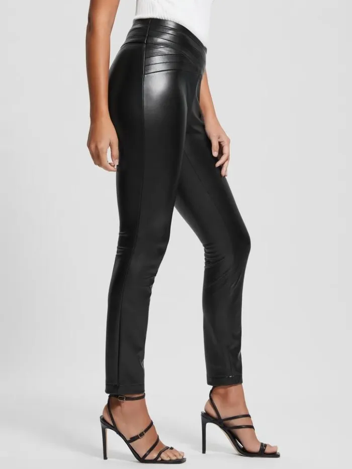 Women GUESS Bottoms Dana FauxLeather Pleated Waist Pants Jet Black Multi