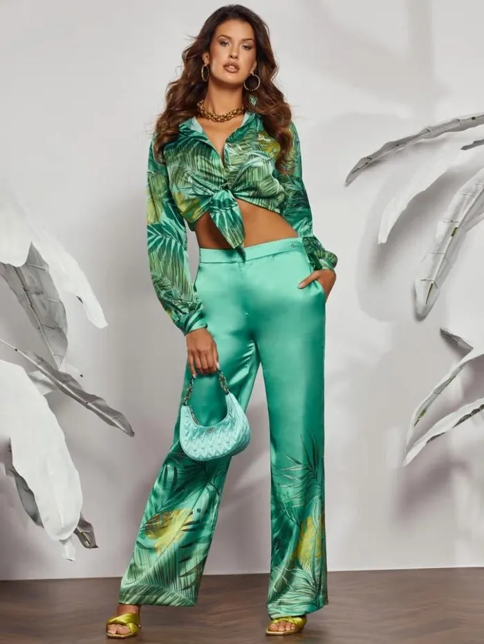Women GUESS Bottoms Eco Brisilda WideLeg Pants Original Teal Monstera