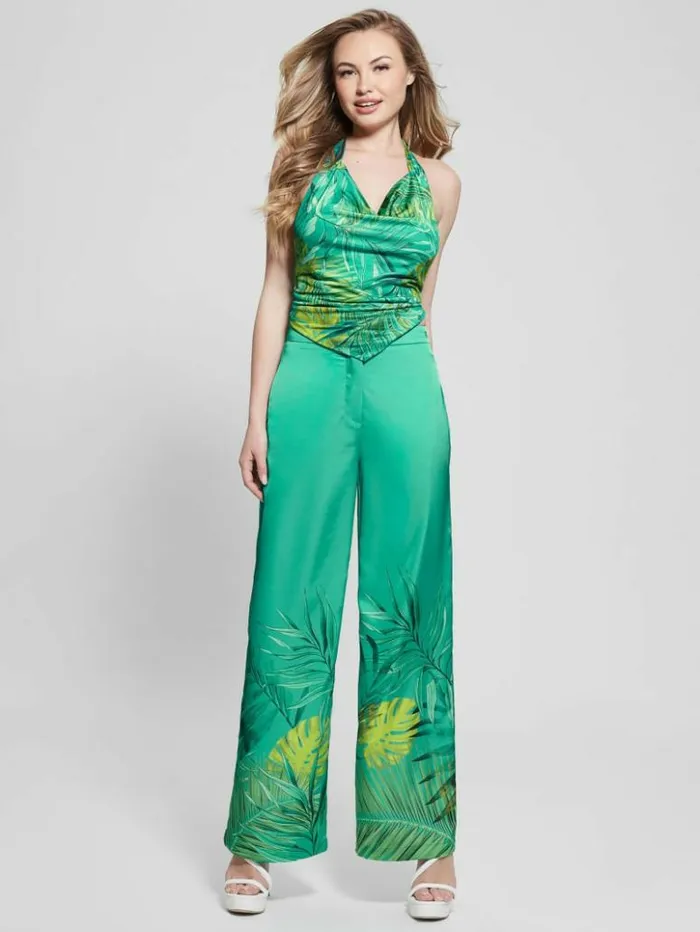 Women GUESS Bottoms Eco Brisilda WideLeg Pants Original Teal Monstera