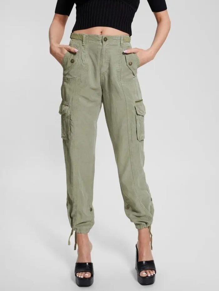 Women GUESS Bottoms Eco Nessi Linen Cargo Pants Ocean Sage Multi