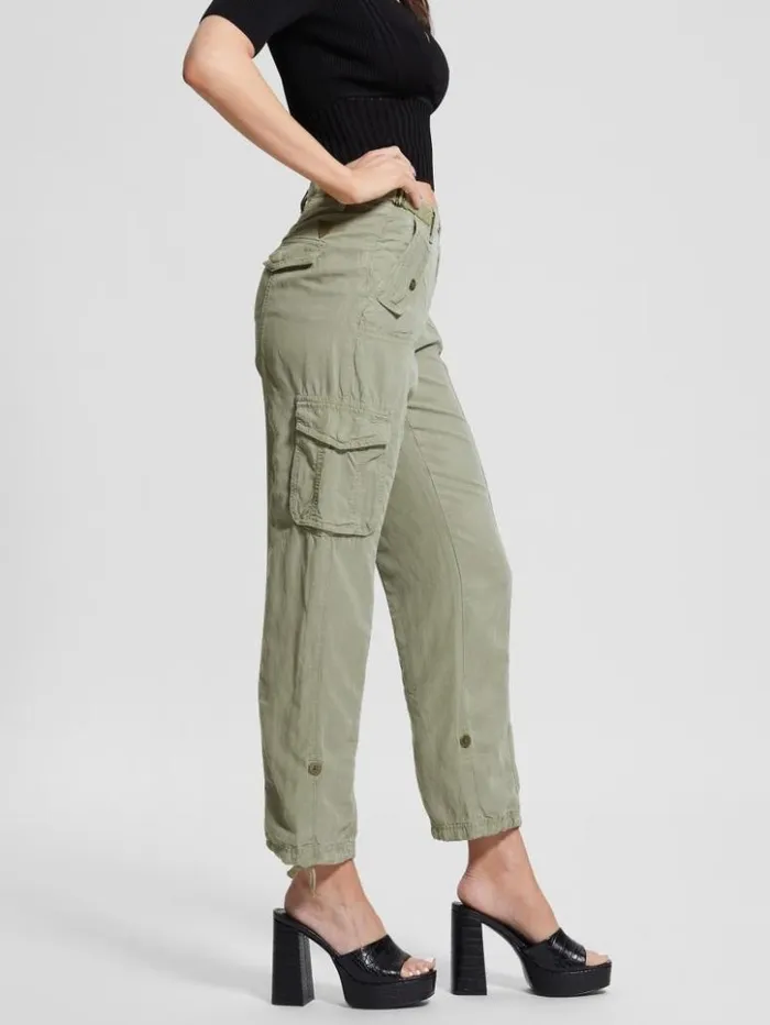 Women GUESS Bottoms Eco Nessi Linen Cargo Pants Ocean Sage Multi