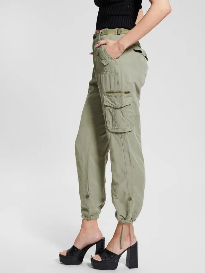 Women GUESS Bottoms Eco Nessi Linen Cargo Pants Ocean Sage Multi