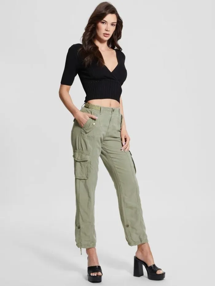 Women GUESS Bottoms Eco Nessi Linen Cargo Pants Ocean Sage Multi