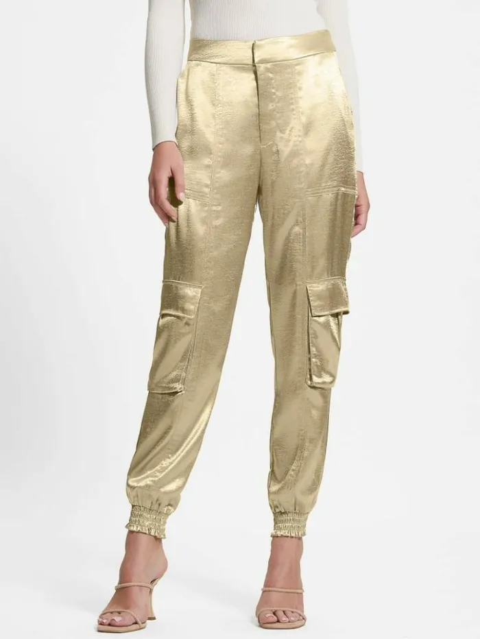 Women GUESS Bottoms Eco Soundwave Satin Cargo Pants Cemento