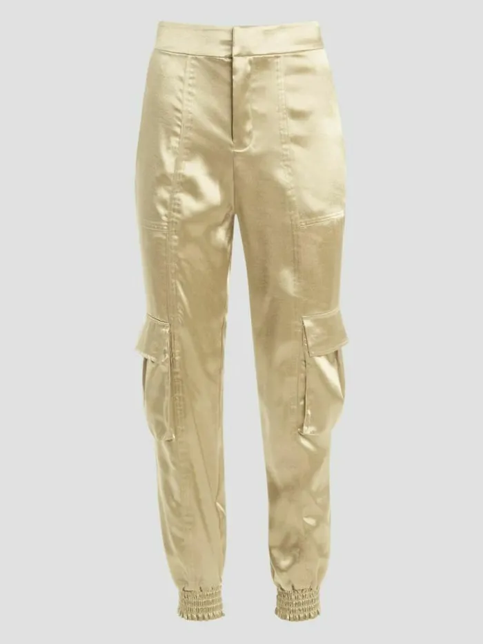 Women GUESS Bottoms Eco Soundwave Satin Cargo Pants Cemento