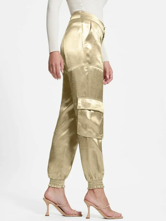 Women GUESS Bottoms Eco Soundwave Satin Cargo Pants Cemento