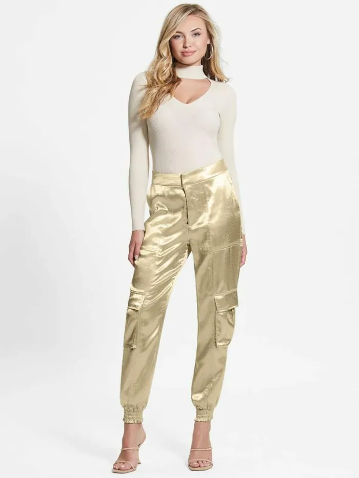 Women GUESS Bottoms Eco Soundwave Satin Cargo Pants Cemento
