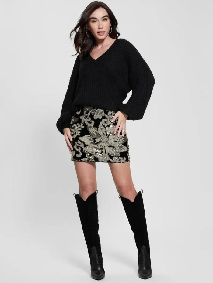 Women GUESS Bottoms Ernesta Embellished Velvet Skirt Flower Black Sequins