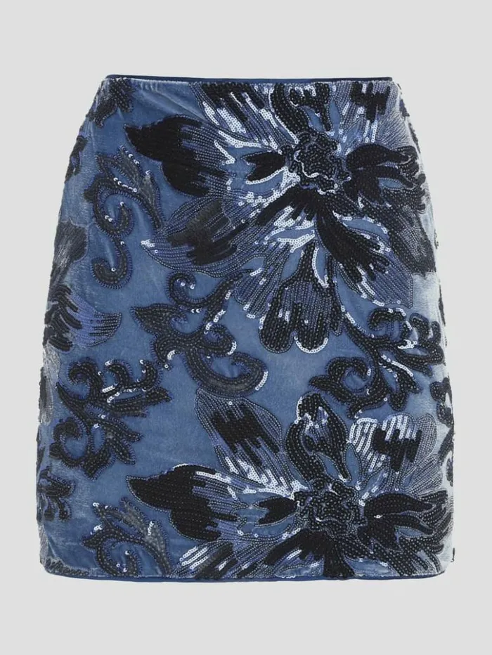 Women GUESS Bottoms Ernesta Embellished Velvet Skirt Flower Blue Sequins