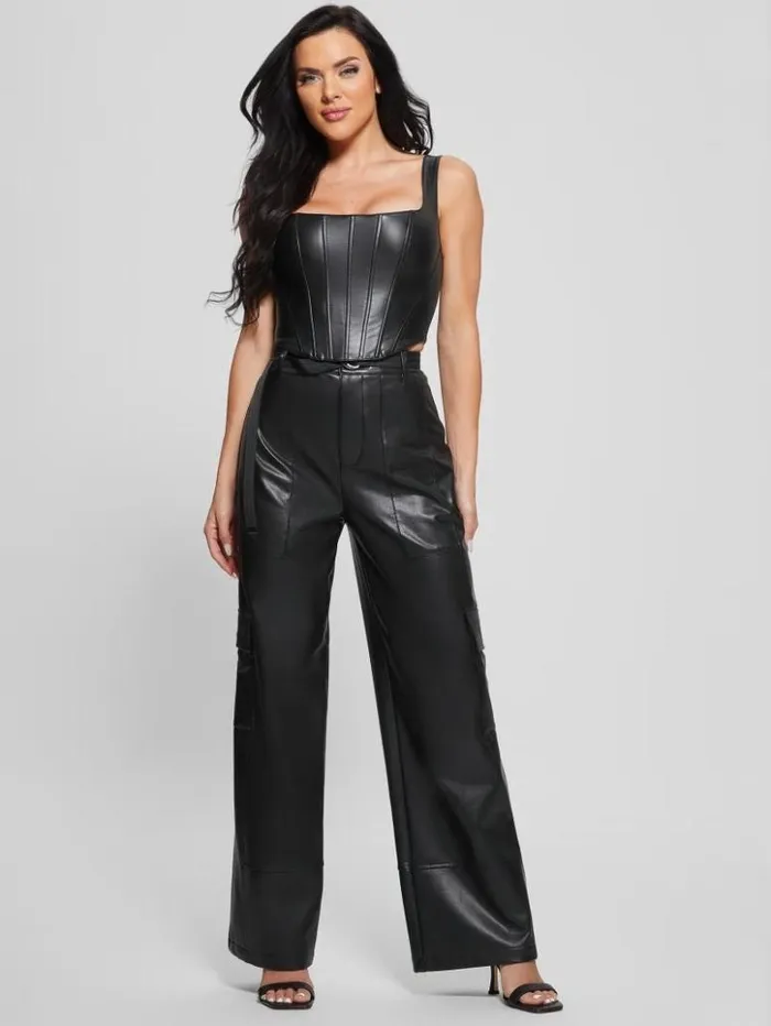 Women GUESS Bottoms Gwen FauxLeather Cargo Pants Jet Black Multi