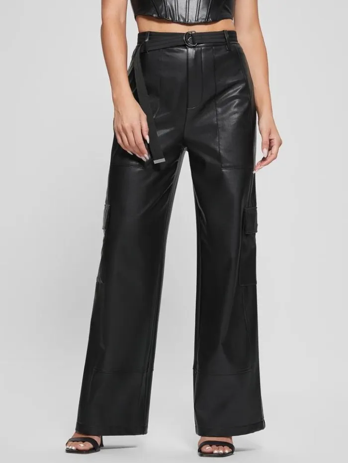 Women GUESS Bottoms Gwen FauxLeather Cargo Pants Jet Black Multi