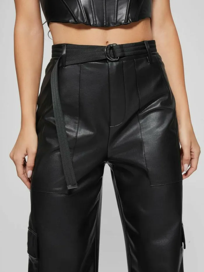 Women GUESS Bottoms Gwen FauxLeather Cargo Pants Jet Black Multi